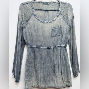 EARTHBOUND Denim Blue Lace Accent Blouse